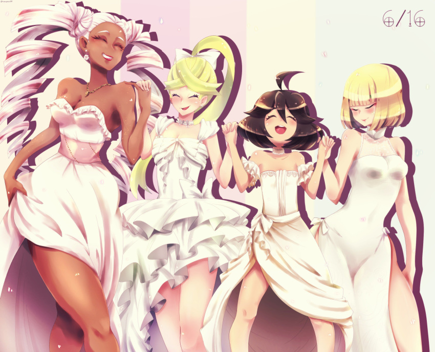 4girls, ahoge, arms_(game), bare_shoulders, blonde_hair, brown_hair, closed_eyes, dark_skin