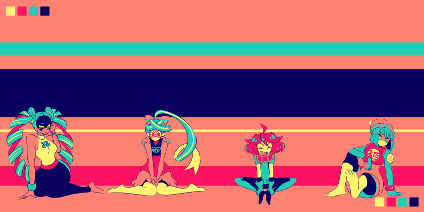 4girls, absurdres, arms_(game), bare_shoulders, beanie, breasts, domino_mask, drill_hair