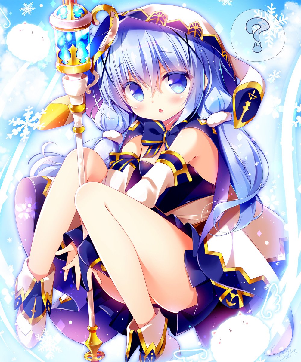 1girl, ?, animal_ears, animal_hood, arms_between_legs, belt, blue_eyes, blue_hair