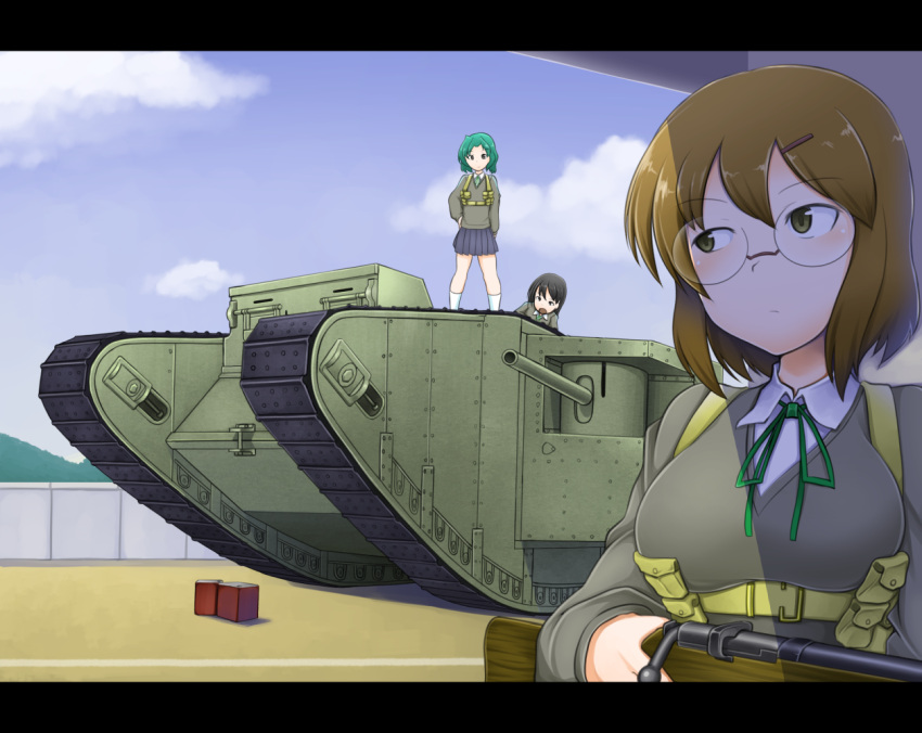 3girls, black_hair, bolt_action, box, breasts, brown_hair, clouds, day