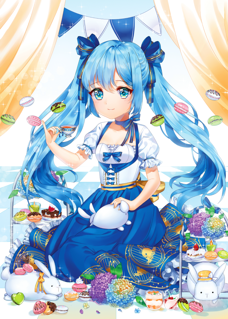 1girl, blue_eyes, blue_hair, blue_ribbon, blue_skirt, blush, cake, candle