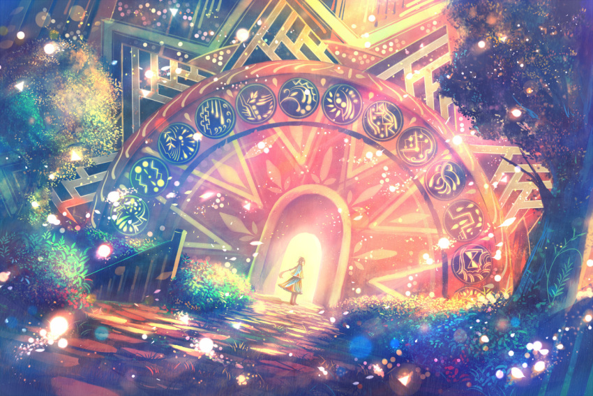 1girl, arch, black_legwear, brown_hair, colorful, dress, facing_away, light_particles
