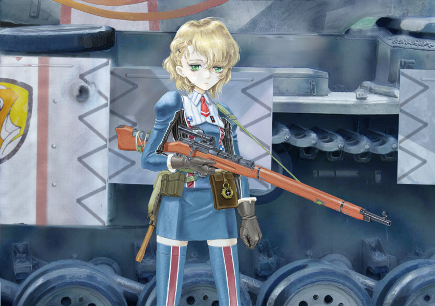 1girl, blonde_hair, bolt_action, character_request, edelweiss_(senjou_no_valkyria), green_eyes, ground_vehicle, gun