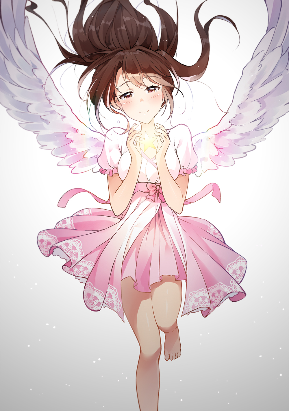 1girl, angel_wings, barefoot, brown_eyes, brown_hair, glowing, half_updo, highres