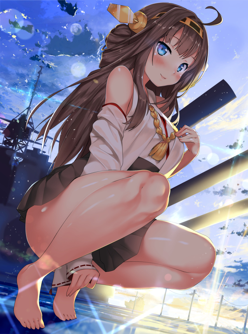 1girl, barefoot, feet, highres, kantai_collection, kawai_(purplrpouni), kongou_(kantai_collection), looking_at_viewer
