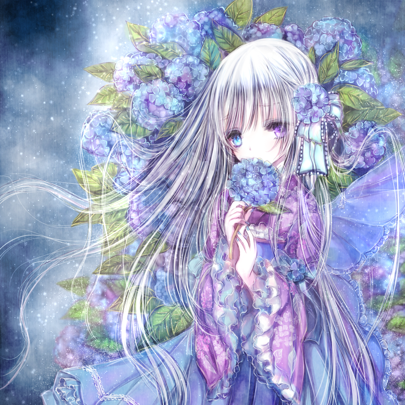 1girl, bangs, blue_eyes, blue_nails, bow, butterfly_wings, commentary_request, flower