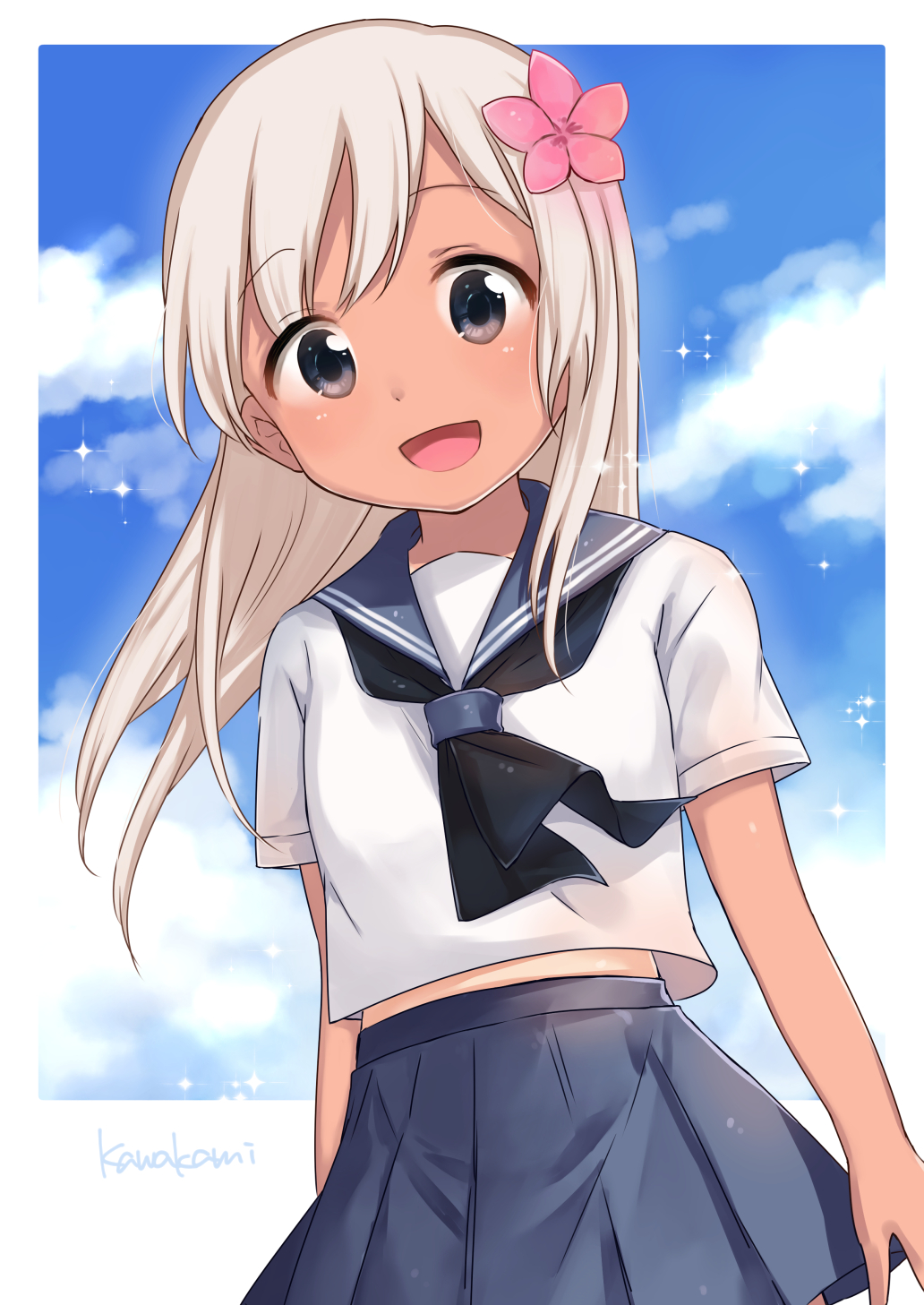 1girl, adapted_costume, alternate_costume, artist_name, black_eyes, black_neckerchief, blonde_hair, blue_sailor_collar