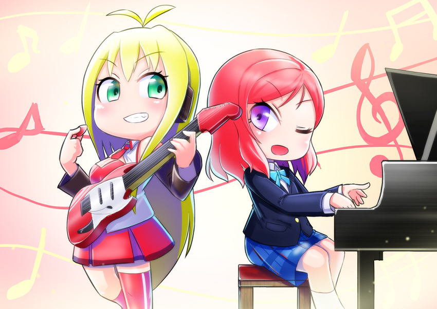 2girls, antenna_hair, asymmetrical_legwear, blazer, blonde_hair, bow, bowtie, commentary