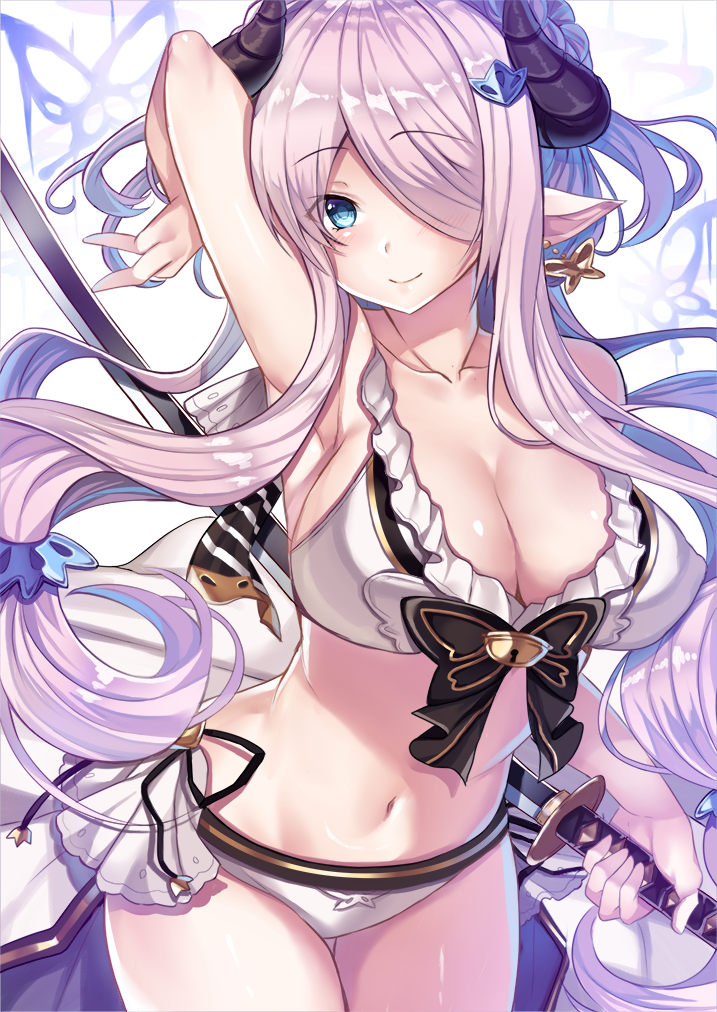1girl, arm_up, bad_arm, bikini, blue_eyes, blush, breasts, butterfly_earrings
