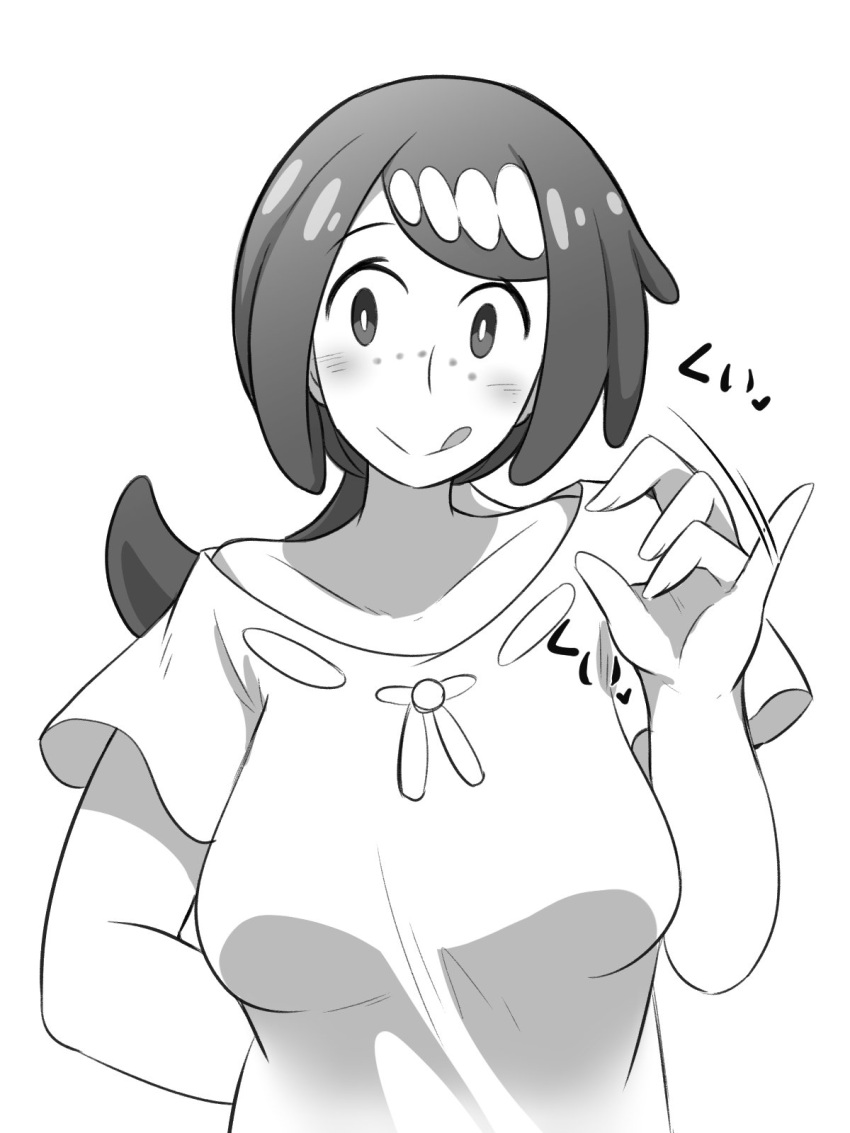 1girl, amagaeru_(hylathewet), blush, breasts, greyscale, hand_gesture, heart, highres
