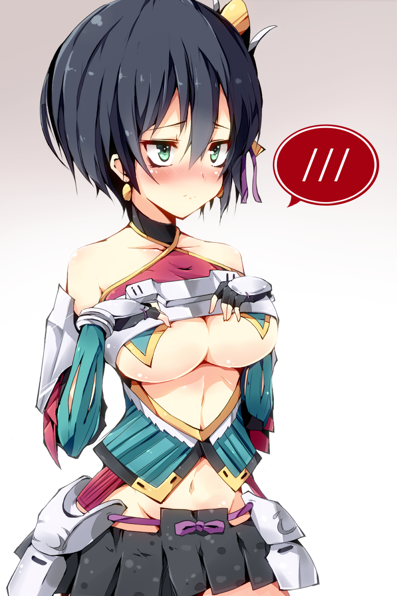 1girl, aqua_eyes, bare_shoulders, black_hair, blush, breasts, detached_sleeves, earrings, ears, hands_on_own_chest, highres, jewelry, large_breasts, midriff, miniskirt, navel, oshiro_project, oyu_(sijimisizimi), pleated_skirt, sakado_(oshiro_project), short_hair, simple_background, skirt, solo, speech_bubble