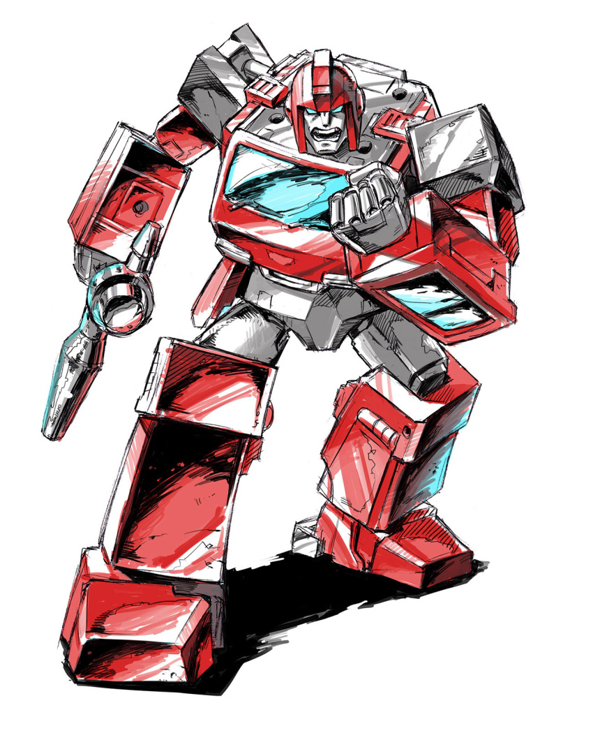 1boy, 80s, artist_request, autobot, blue_eyes, clenched_hands, full_body, gun