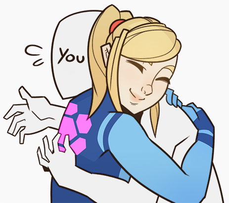 anonymous, blonde_hair, blush, bodysuit, closed_eyes, hover_hand, hug, lowres, metroid, ponytail, samus_aran, smile, splashbrush, zero_suit