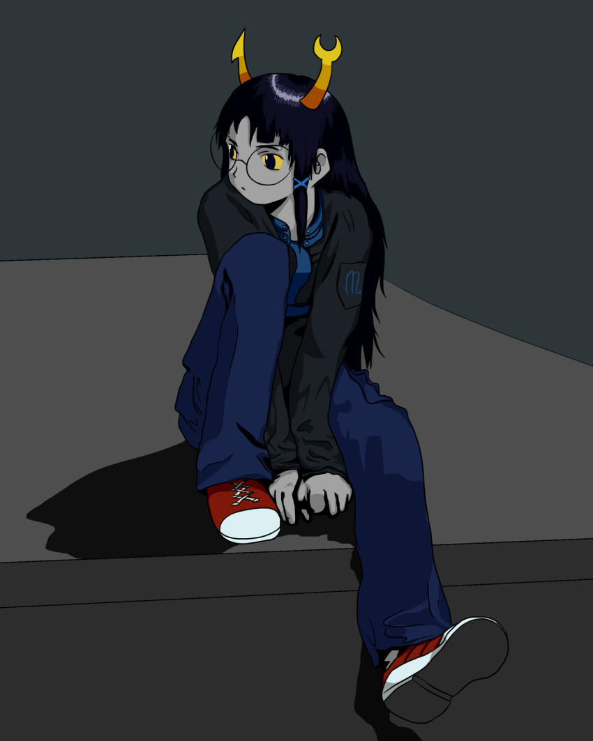 1girl, black_hair, denim, full_body, fusion, glasses, hair_ornament, hairclip