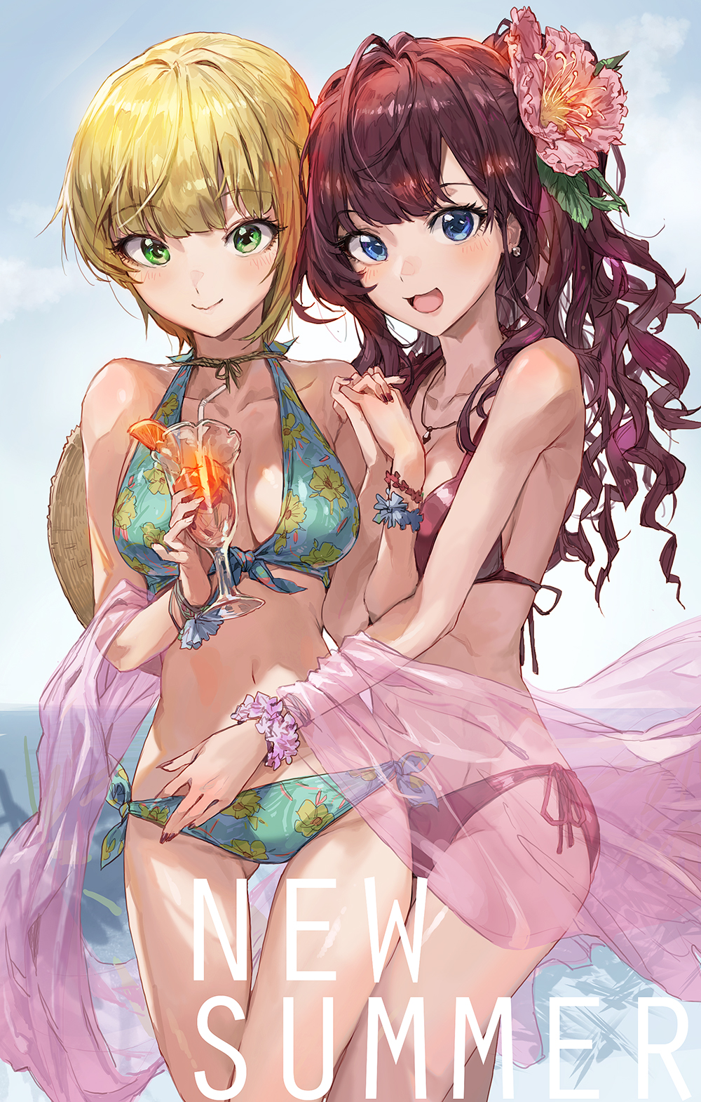 2girls, :3, :d, antenna_hair, ass_visible_through_thighs, bangs, bikini, blonde_hair