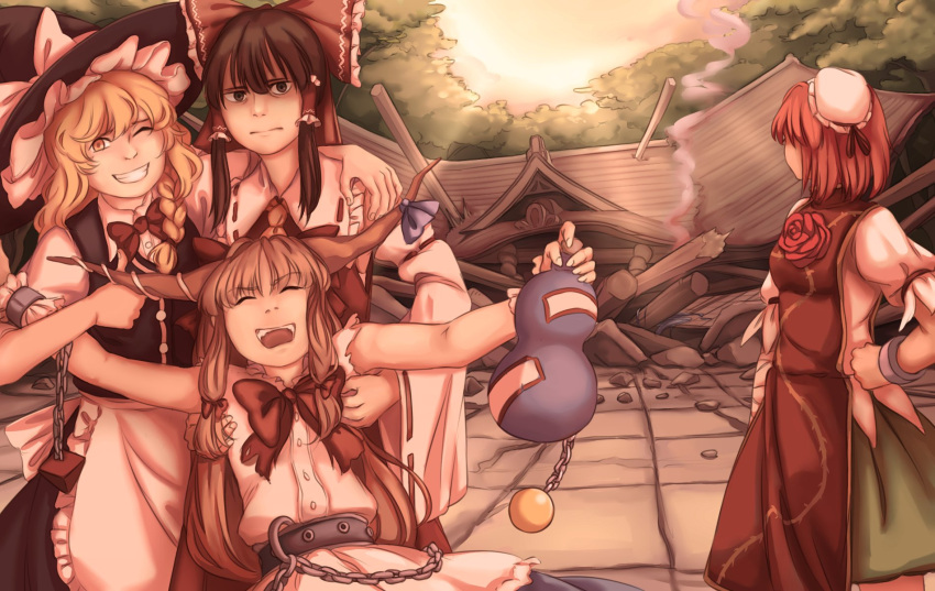 4girls, ^_^, apron, arm_around_shoulder, ascot, bandage, bangs, belt