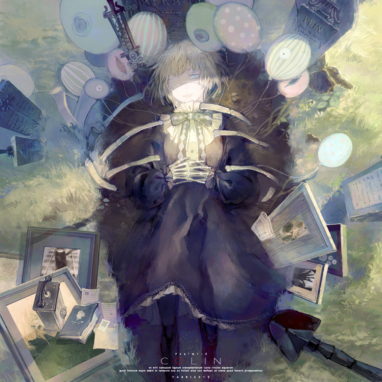 1girl, antique_telephone, argyle_bow, balloon, black_dress, blonde_hair, blue_eyes, book