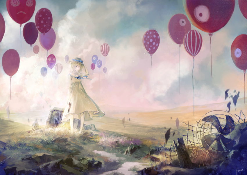 1girl, antique_camera, antique_firearm, balloon, blonde_hair, blue_eyes, clouds, colin_(fabri)