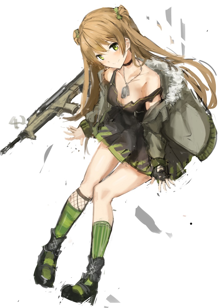 1girl, blush, brown_hair, bullpup, choker, dog_tags, double_bun, fingerless_gloves