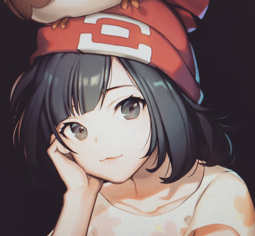 1girl, black_hair, chair, hat, head_on_hand, highres, looking_at_viewer, moon_(pokemon), naguri, photo, pokemon, pokemon_special, shirt, short_hair, short_sleeves, solo, upper_body, white_shirt