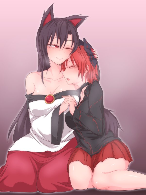 2girls, animal_ears, bangs, black_hair, blush, bow, breasts, breath