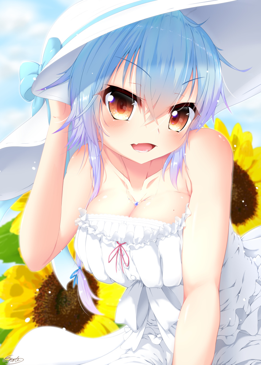 1girl, absurdres, bare_shoulders, blue_hair, bow, breasts, cleavage, dress