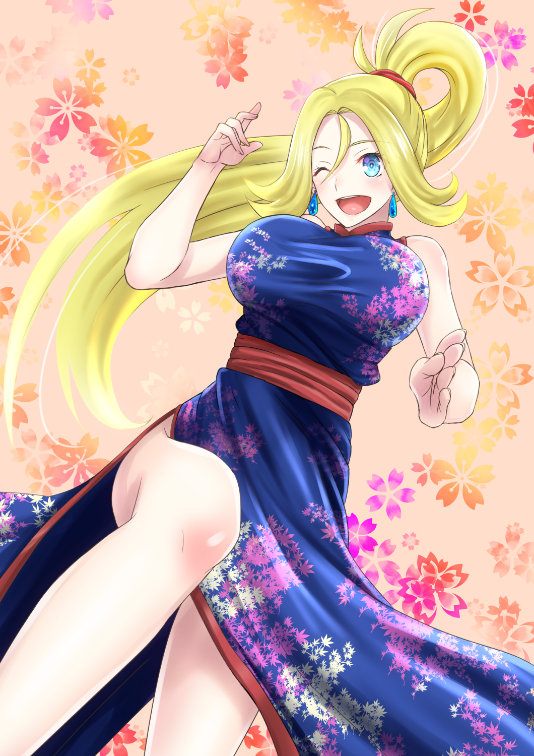 1girl, alternate_breast_size, alternate_costume, blonde_hair, china_dress, chinese_clothes, dress, earrings