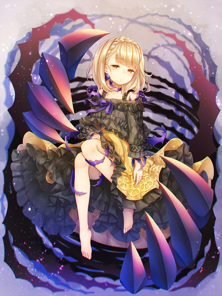 1girl, barefoot, blonde_hair, braid, breasts, character_request, dress, frilled_dress