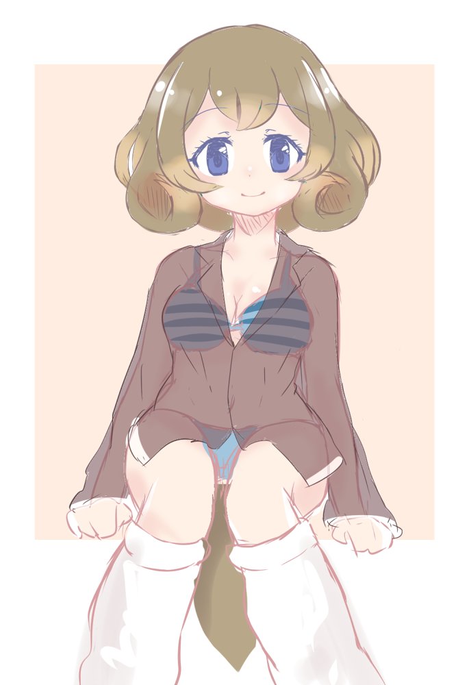 1girl, bikini, bikini_top, blue_eyes, breasts, brown_hair, cleavage, curly_hair