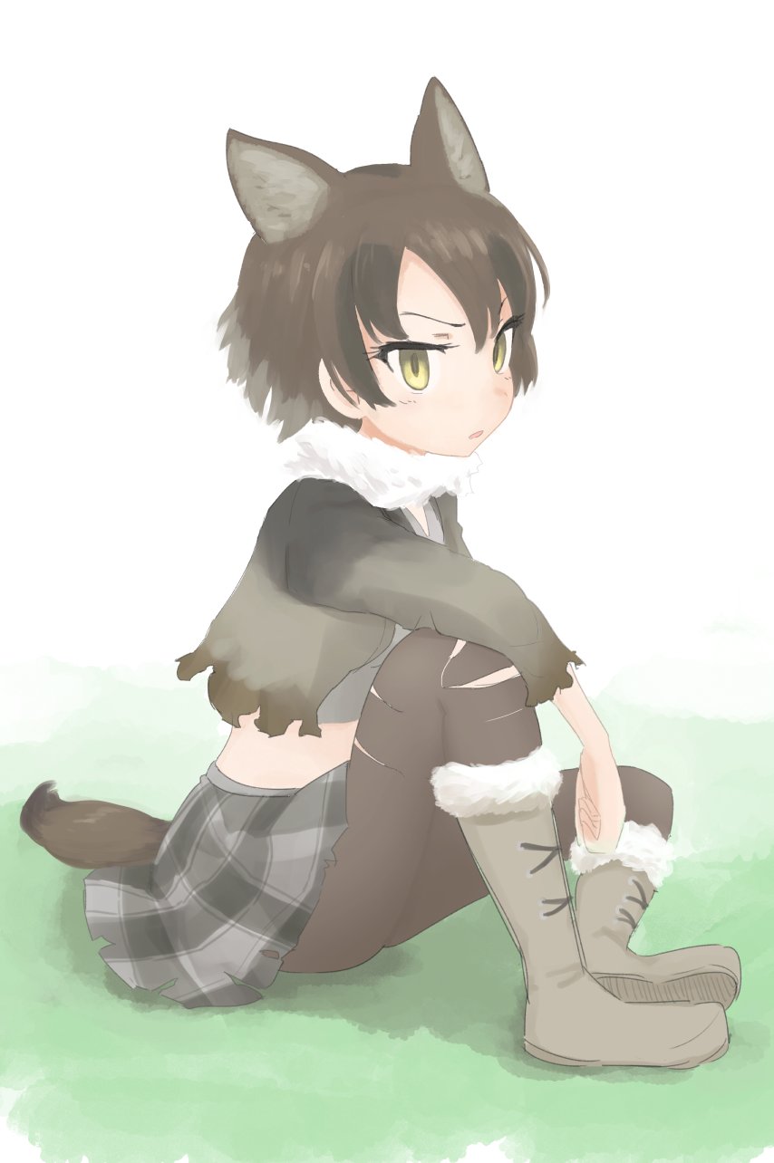 1girl, animal_ears, blush, boots, brown_hair, fur_trim, grey_hair, highres