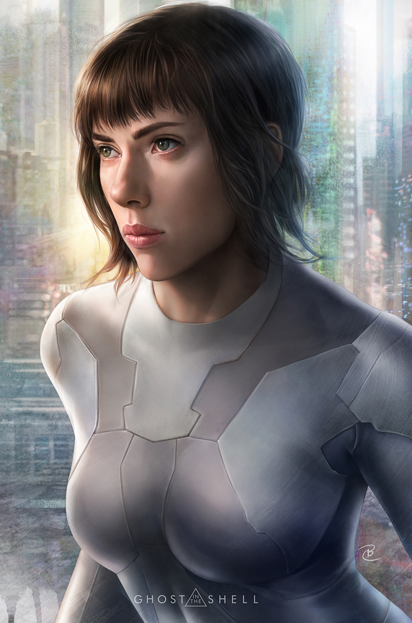 1girl, bodysuit, breasts, brown_hair, closed_mouth, copyright_name, cyborg, ghost_in_the_shell