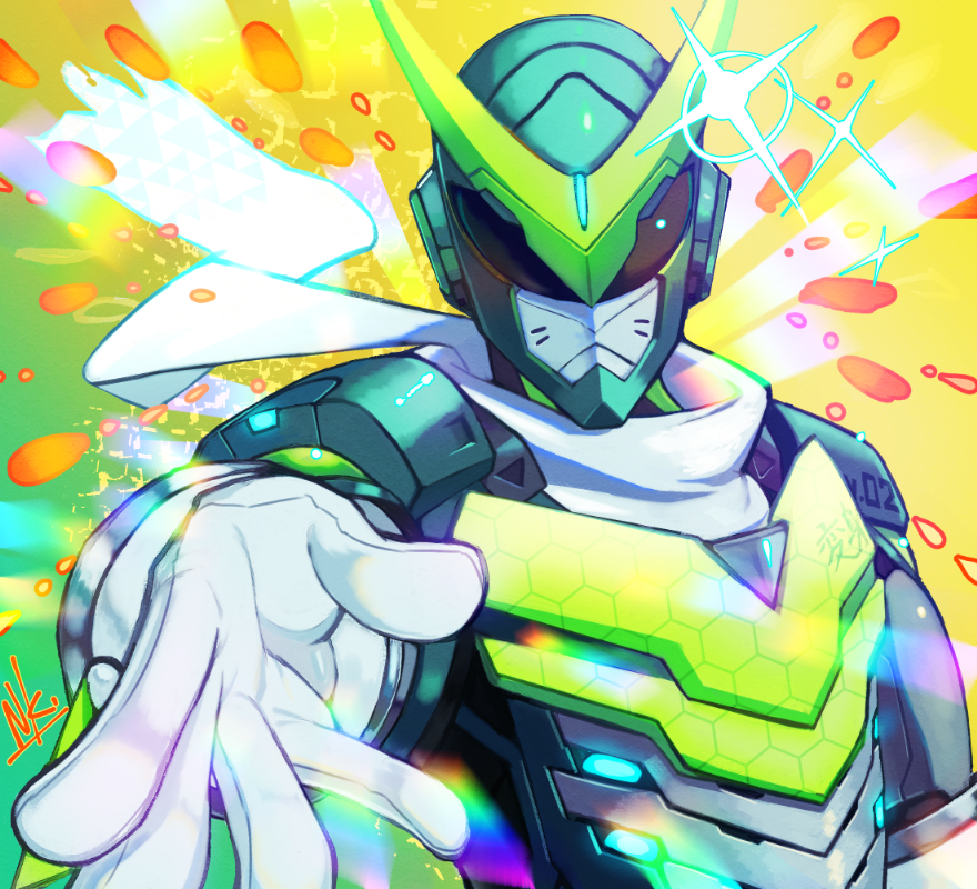 1boy, abstract_background, alternate_costume, bodysuit, commentary_request, cyborg, foreshortening, genji_(overwatch)