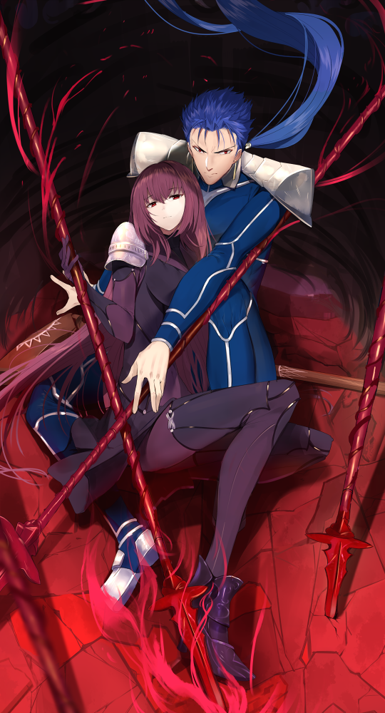 1boy, 1girl, armor, blue_hair, bodysuit, covered_navel, fate/grand_order, fate/stay_night