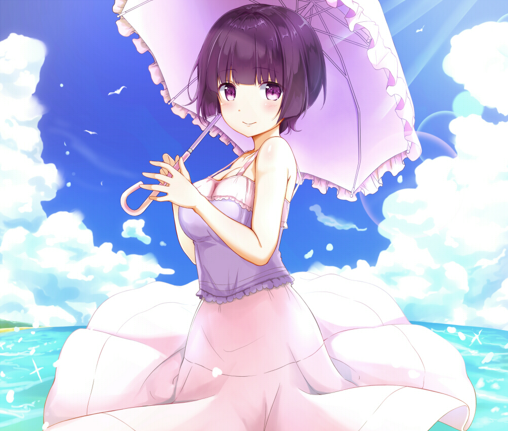 1girl, bangs, bird, blue_sky, blunt_bangs, breasts, cleavage, closed_mouth