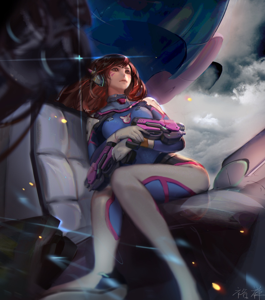 1girl, animal_print, armor, bangs, bodysuit, boots, breasts, brown_eyes, brown_hair, bunny_print, clouds, cloudy_sky, d.va_(overwatch), dual_wielding, facepaint, facial_mark, gatling_gun, gloves, gun, handgun, headphones, highres, holding, holding_gun, holding_weapon, lips, lipstick, long_hair, looking_away, makeup, mecha, medium_breasts, overwatch, pilot_chair, pilot_suit, rabbit, rabbit_(tukenitian), sitting, skin_tight, sky, solo, swept_bangs, thigh-highs, thigh_boots, weapon, whisker_markings, white_boots, white_gloves, white_legwear