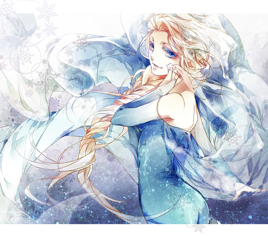 1girl, blonde_hair, blue_dress, blue_eyes, braid, bridal_gauntlets, detached_sleeves, dress, elsa_(frozen), frozen_(disney), long_hair, reika_(iamreika), see-through, sleeveless, sleeveless_dress, solo, standing, strapless, strapless_dress, very_long_hair