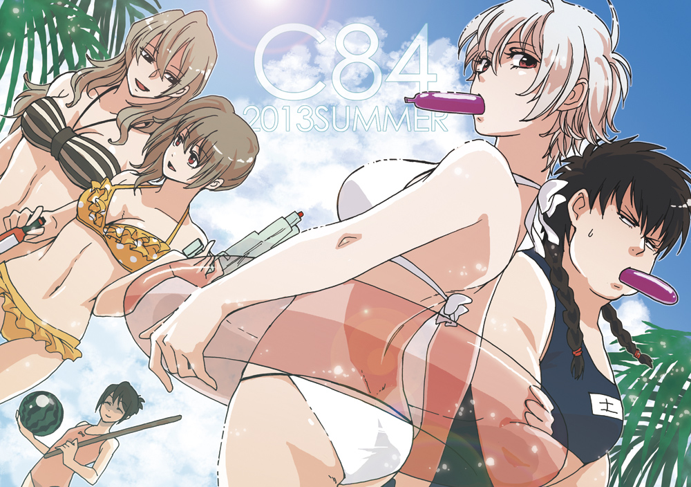 2013, 5girls, bikini, black_hair, braid, breasts, brown_hair, casual_one-piece_swimsuit