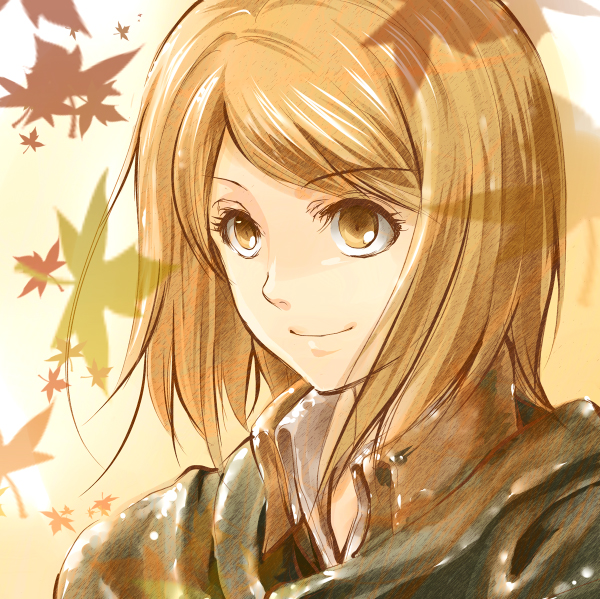 1girl, brown_eyes, brown_hair, eyebrows_visible_through_hair, leaf, long_hair, portrait, shingeki_no_kyojin