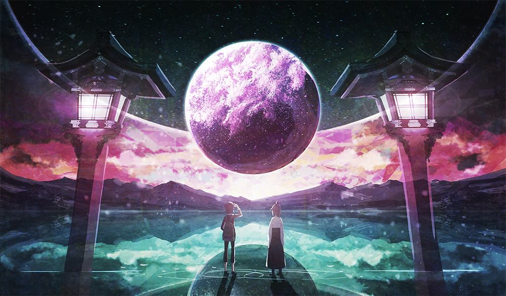 1boy, 1girl, backpack, bag, black_hair, facing_away, fantasy, looking_away