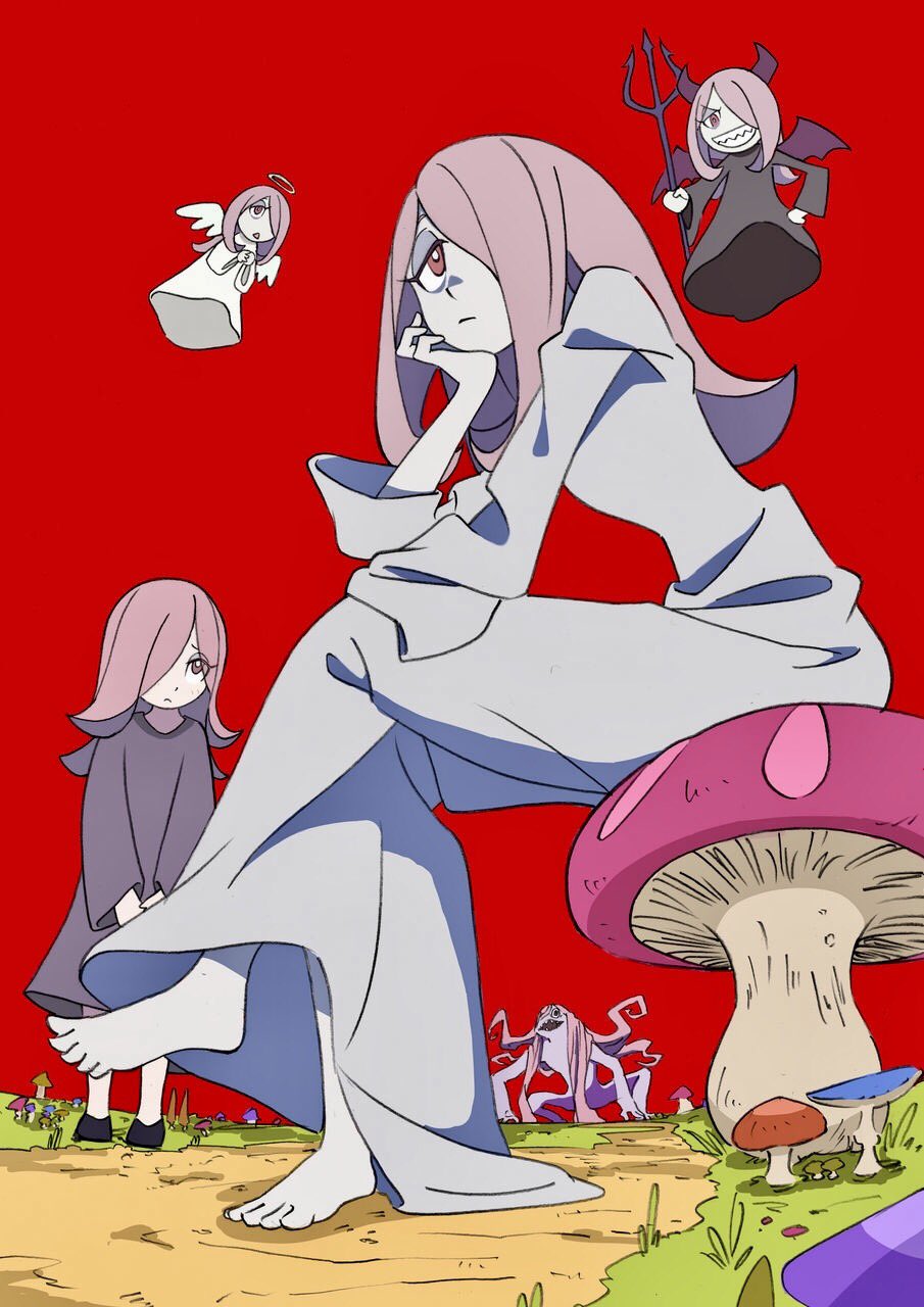 1girl, angel, angel_and_devil, angel_wings, arai_hiroki, barefoot, chin_rest, demon, demon_wings, dress, floating, hair_over_one_eye, half-closed_eyes, halo, highres, horns, little_witch_academia, long_hair, monster, multiple_persona, mushroom, nightgown, pale_skin, path, pink_hair, pitchfork, red_background, road, sharp_teeth, simple_background, sitting, smile, sucy_manbavaran, teeth, wings