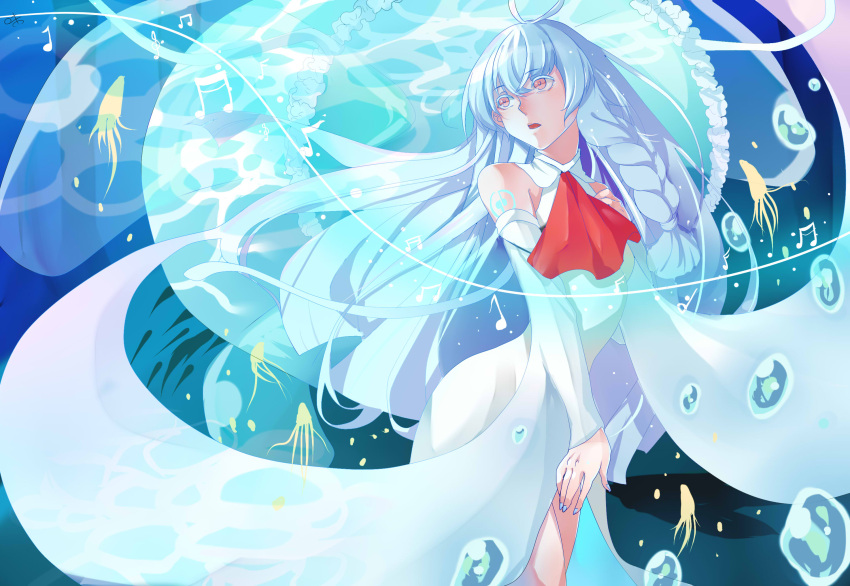 air_bubble, antenna_hair, ascot, bare_shoulders, beamed_semiquavers, blue_background, braid, colored_eyelashes