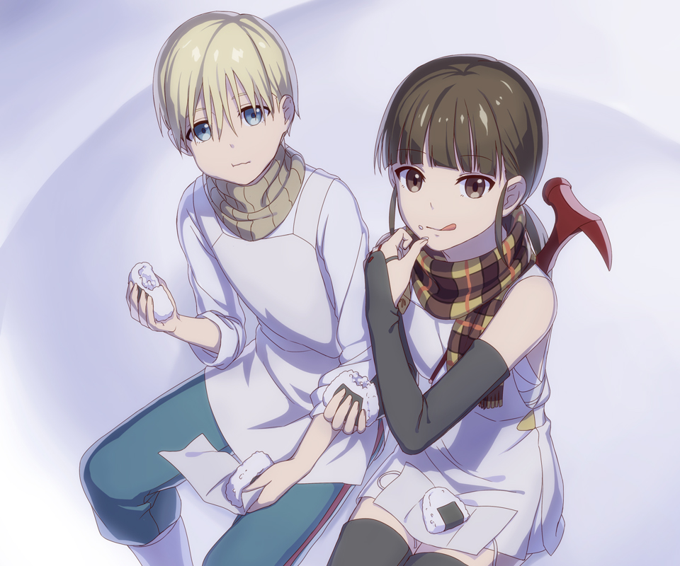 1boy, 1girl, apron, bernard_octavius, blonde_hair, blue_eyes, brown_eyes, brown_hair, commentary_request, eating, food, food_on_face, holding, holding_food, japanese_clothes, kishii_nonoko, nekotama_(artist), onigiri, rice, rice_on_face, ryuu_no_haisha, scarf, thigh-highs, tongue