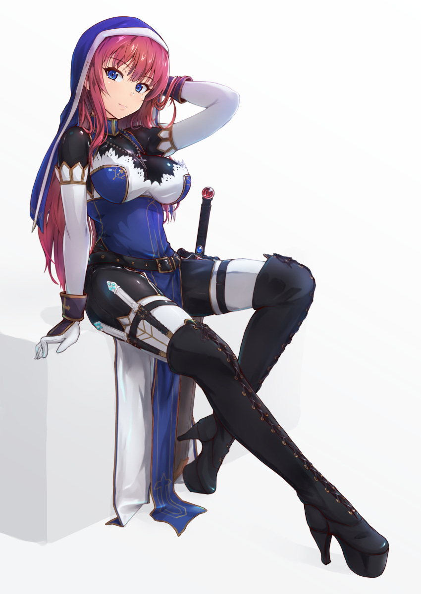 1girl, absurdres, adjusting_hair, belt, blue_eyes, bodysuit, bodysuit_under_clothes, boots