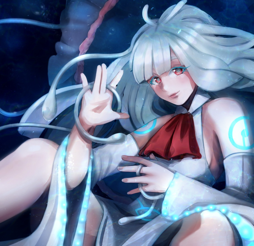 \||/, antenna_hair, ascot, bangs, bare_shoulders, blue_background, blunt_bangs, breasts
