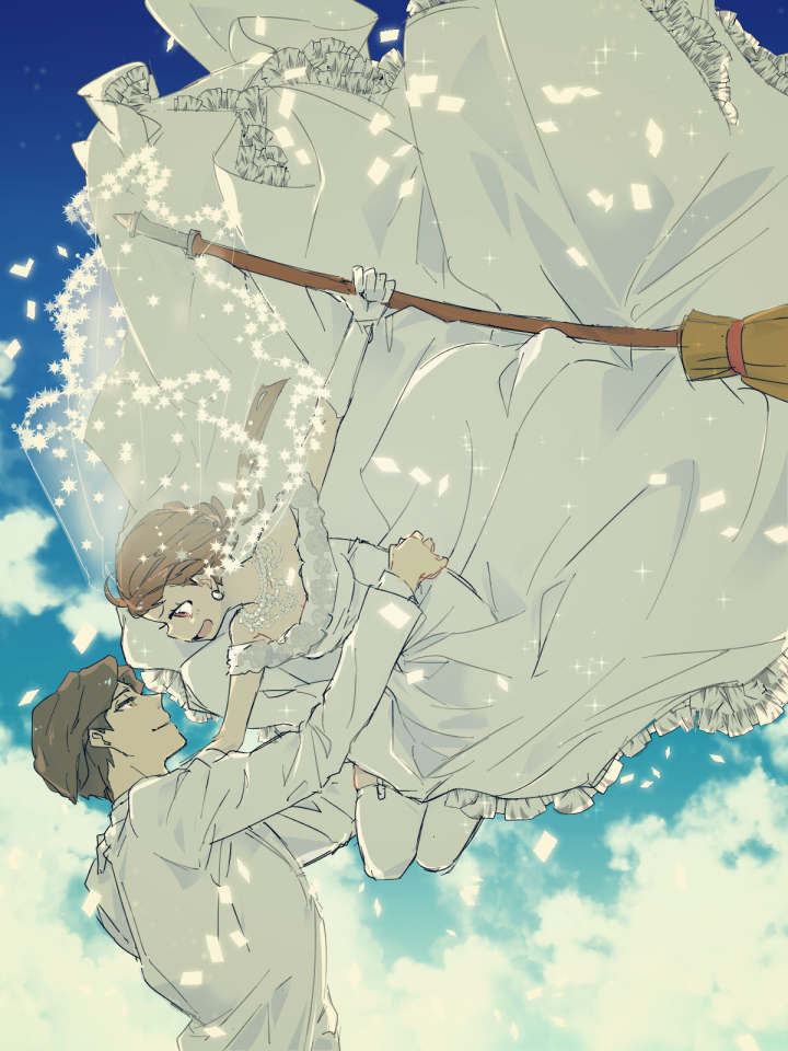 1boy, 1girl, andrew_hanbridge, bridal_veil, broom, brown_hair, clouds, couple, dress, earrings, elbow_gloves, formal, gloves, green_eyes, hanayama321, hetero, jewelry, kagari_atsuko, light_smile, little_witch_academia, long_hair, necklace, open_mouth, sketch, sky, suit, thigh-highs, veil, wedding_dress, white_dress, white_gloves, white_legwear