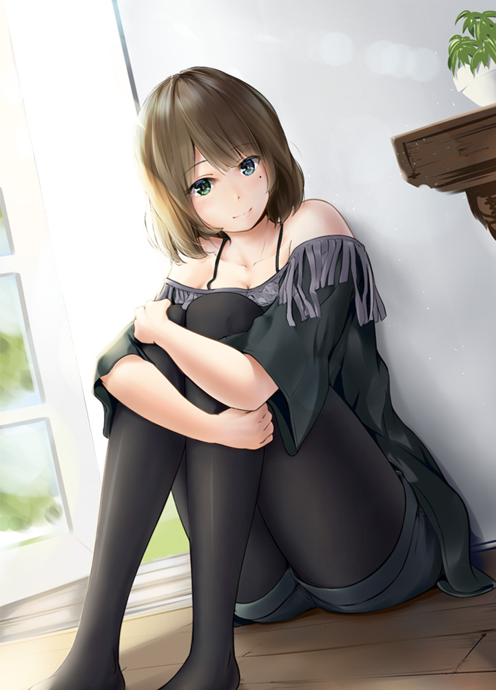 1girl, black_legwear, blue_eyes, brown_hair, fringe, green_eyes, heterochromia, idolmaster, idolmaster_cinderella_girls, lingerie_(aki3240), looking_at_viewer, mole, mole_under_eye, pantyhose, short_hair, sitting, smile, solo, takagaki_kaede, wooden_floor