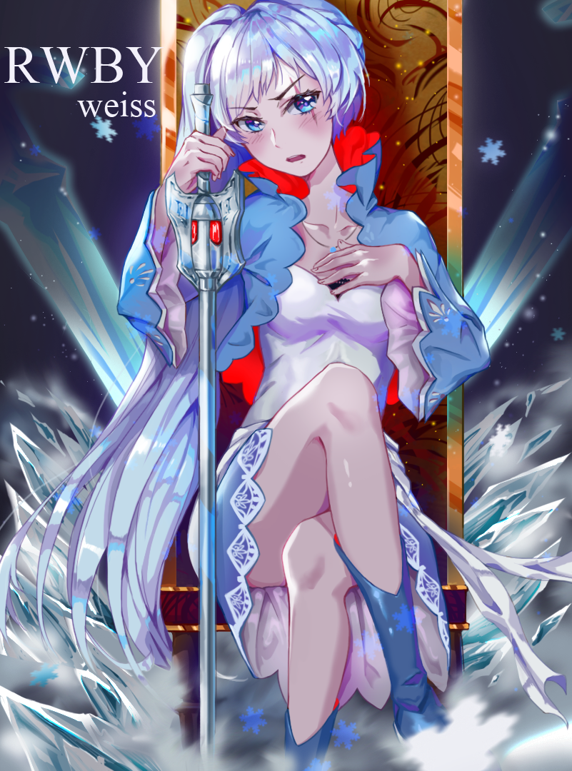 1girl, blue_eyes, boots, english, eye_scar, ice, jewelry, legs_crossed