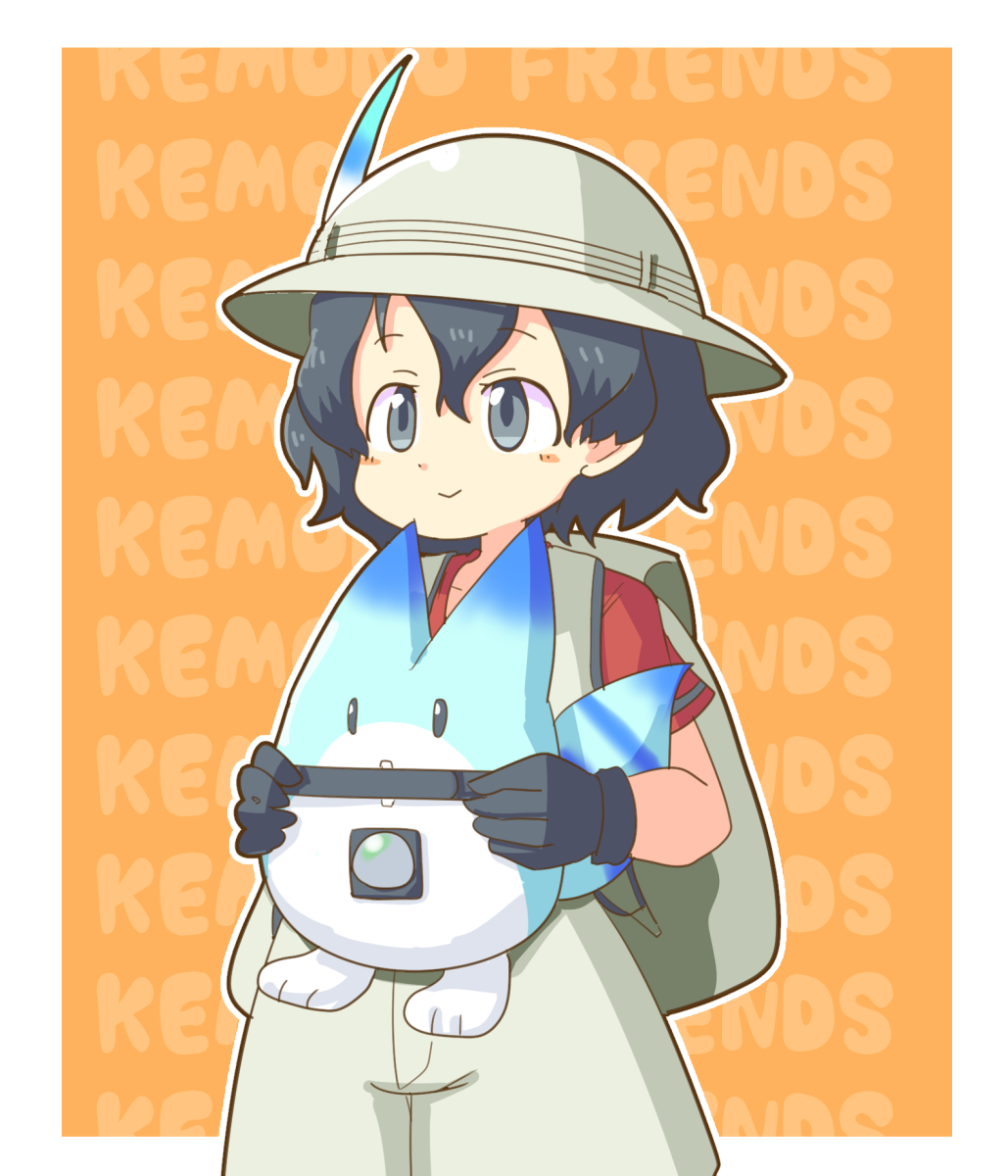 1girl, backpack, bag, black_gloves, blush_stickers, bucket_hat, copyright_name, gloves