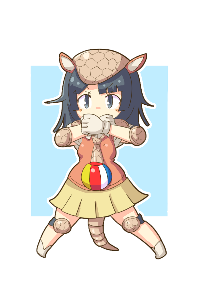 1girl, armadillo_ears, armadillo_tail, balloon, black_eyes, black_hair, blush_stickers, elbow_pads