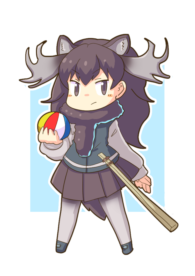 1girl, antlers, balloon, black_eyes, black_hair, blush_stickers, kemono_friends, long_hair